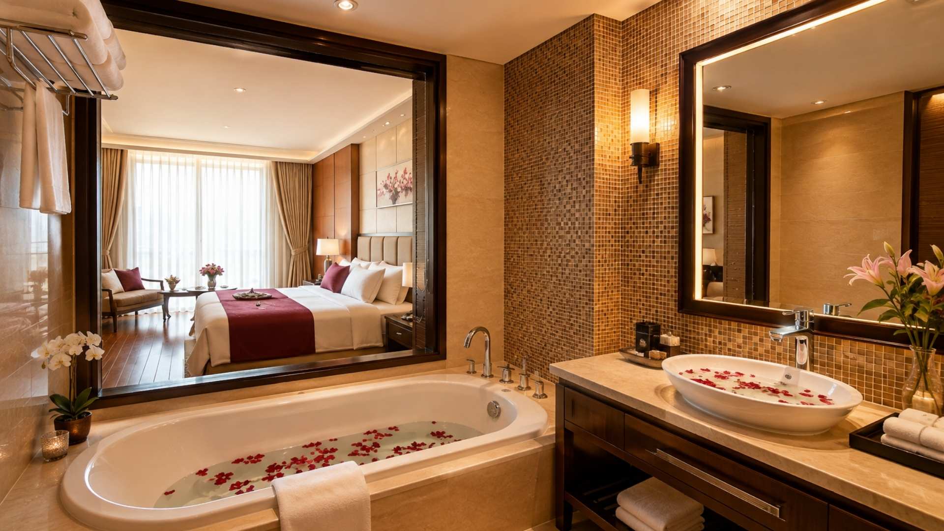 Phòng tắm spa sang trọng nhìn ra phòng ngủ tại Swiss-Belresort Tuyen Lam