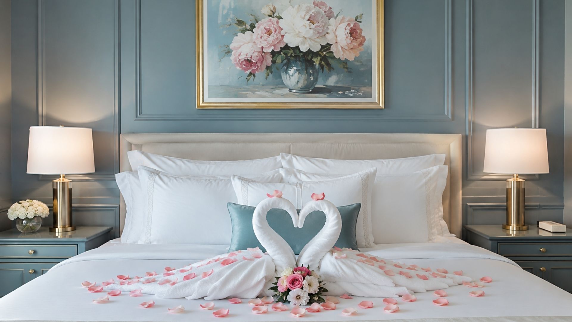 Phòng nghỉ lãng mạn với thiên nga khăn và cánh hoa hồng tại MerPerle Dalat Hotel