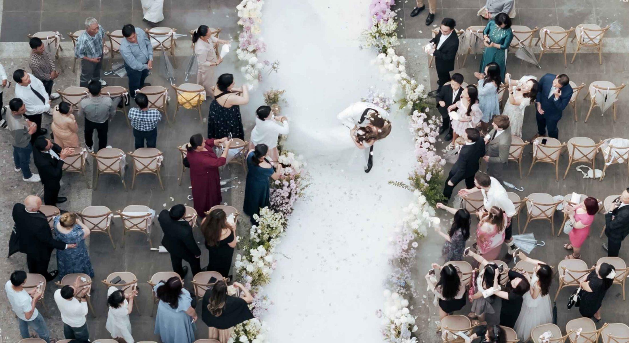 Aerial view of the wedding aisle and guests at Grand Mercure Dalat